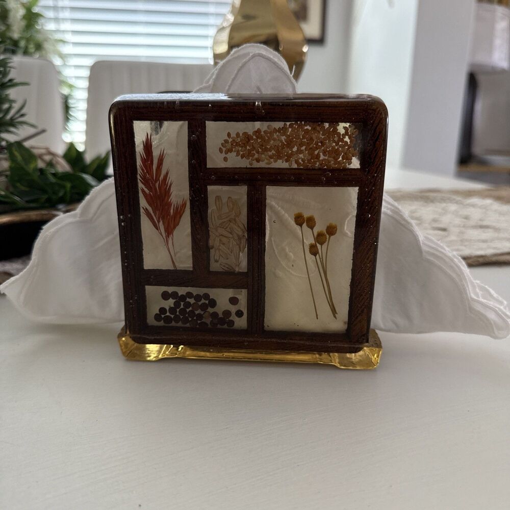 Vintage 1970s Lucite Resin Napkin Holder Dried Flowers Seeds Botanical MCM Decor